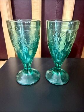 Vintage French Teal Pressed Glass Goblets - Set (2) Fruit Motif Marked France 20